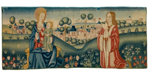 Fragment de tapisserie de mille fleurs représentant Saint Benoît présentant son cœur à la Vierge Marie