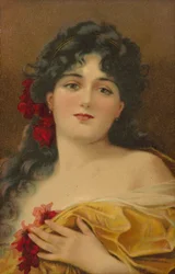 Femme en robe avec des fleurs rouges (lithographie couleur)
