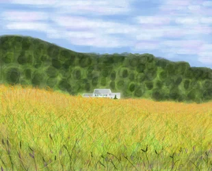 Champ et ferme dans le Vermont, 2018 (dessiné à la main sur un iPad avec un crayon Apple)