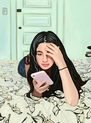 Fille sur un lit regardant un téléphone intelligent (art numérique)