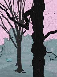 Vieil arbre, vieille maison et voiture, Brooklyn (art numérique)