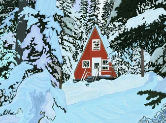 Rouge, une maison en ossature dans la neige la nuit (art numérique)