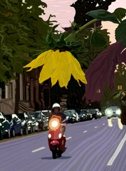 Tournesol et homme conduisant un scooter rouge (art numérique)