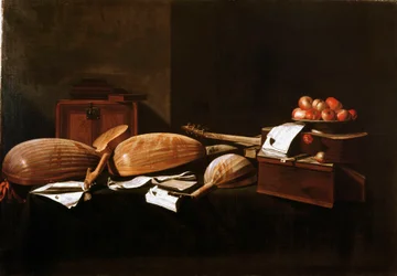 Nature morte Pêches et instruments de musique