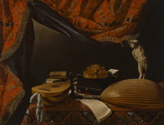 Nature morte avec instruments de musique, livres et sculptures
