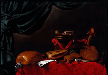 Nature morte avec instruments de musique et une poire. Peinture d