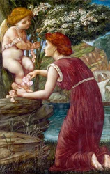 "Le culte de Cupidon" Jeune femme venerant une statuette du dieu de l