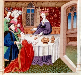 Iseut implore la protection de la reine Guenièvre assise à sa table