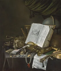 Nature morte avec pièces de monnaie et autres objets sur une table