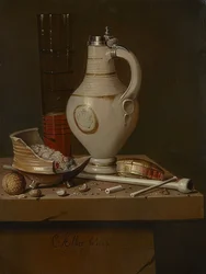 Nature morte avec accessoires de fumeur et chope de bière