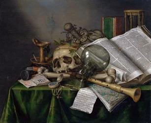 Vanitas - Nature morte avec livres, manuscrits et un crâne