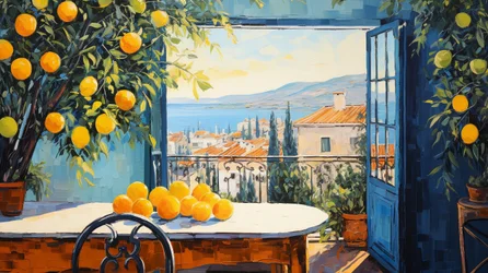 Art naïf abstrait, fenêtre sur paysage
