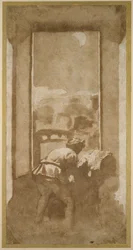 Homme dessinant au clair de lune depuis la fenêtre d