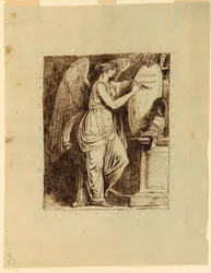 Une Victoire ailée inscrivant la date 1805 sur un bouclier