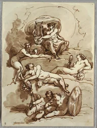 Apollon avec lyre, Renommée, Abondance, Beauté et deux putti sur des nuages, Étude d