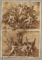 Putti dans un char avec des dauphins et des cygnes