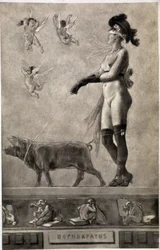 Pornokrates (femme nue, yeux bandés, entourée d