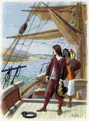 Robinson Crusoé quitte son île - Illustration par Felician MYRBACH MYRBACH RHEINFELD (1853-1940) pour le livre de Daniel Defoe Robinson Crusoé. Sans date. Vers 1934