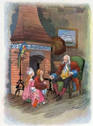 Robinson Crusoé raconte ses aventures à ses enfants. Illustration de Felician MYRBACH MYRBACH RHEINFELD (1853-1940) pour le livre de Daniel Defoe Robinson Crusoé. Vers 1934