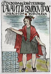 Quipu (Quipo Quipou), système comptable inca à cordes et nœuds, culture inca 1400-1532 apr. J.-C., manuscrit de Felipe Guaman Puma de Ayala (Nueva Coronica y buen Gobierno), chroniqueur indien du XVIe siècle.