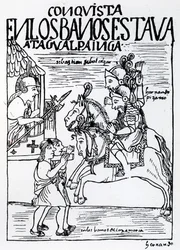 Sebastian de Benalcazar et Hernando Pizarro confrontent Atahualpa Inca aux bains royaux de Cajamarca
