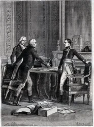Première délibération des trois consuls au Palais du Luxembourg - Napoléon Bonaparte, Emmanuel Joseph Sieyès et Pierre Roger-Ducos 1799 - Gravure par Barbant, d