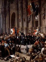 Révolution de 1848 : Alphonse de Lamartine (1790 - 1869), refusant le drapeau rouge pour le drapeau tricolore, à l