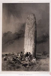 Paysans autour du menhir de Kergadiou (Finistère) - dans "La Bretagne contemporaine", ill. par Félix Benoist, éd. Charpentier, Paris