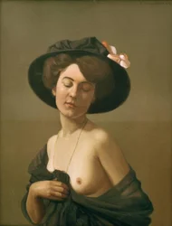 Femme drapée dans une écharpe noire, chapeau noir