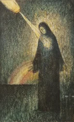 Une femme éclairée par un arc-en-ciel