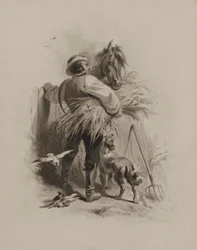 Fermier avec un cheval, un chien et des pigeons