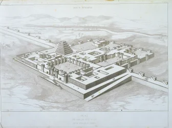 Palais de Khorsabad, vue historique du sud-est avec une partie des murs fortifiés, illustration de 