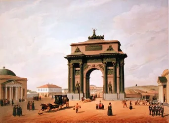 Arc de triomphe sur la place Tverskaya à Moscou, imprimée par Lemercier, Paris, 1840s