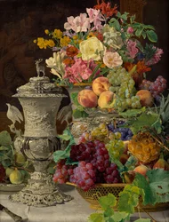 Nature morte avec fruits, fleurs et coupe en argent