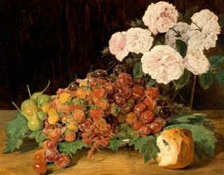 Nature morte avec roses, fraises et pain