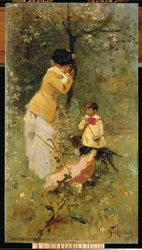 Femme et enfant dans un paysage (huile sur bois)