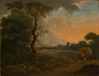 Paysage du soir avec chariot de foin