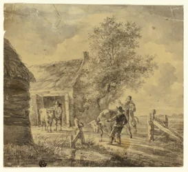Ferme avec hommes et vaches