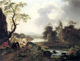 French : Paysage de rivière avec cascade, randonneur se reposant, berger avec vaches et chèvre et trois voyageurs