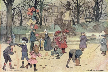 Jeux de colin-maillard, saut à la corde, ballon et sable dans le jardin public, dans Imagier de l