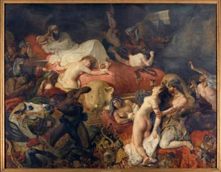Mort de Sardanapale. Sardanapale, roi assyrien assiégé par des insurgés, fit massacrer ses épouses et ses chevaux avant de se tuer. Peinture d