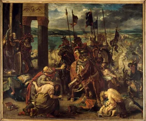 Quatrième croisade : La prise de Constantinople par les Croisés le 12/04/1204 Entrée dans la ville de Baudouin IX de Flandre (ou Baudouin VI de Hainaut) connu sous le nom de Baudouin Ier de Constantinople (1171-1206), commandant des Croisades et Doge Henri