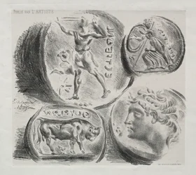 Feuille avec quatre médailles antiques