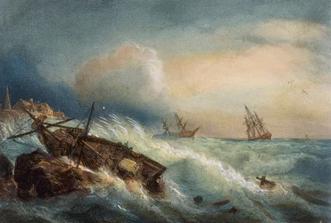 Naufrage sur la côte de Saint-Nazaire, lithographie en couleur par Ferdinand Perrot, France