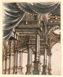 Décor de scène: Atrium du palais soutenu par des colonnes et des piliers