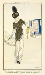Veste de velours pékiné noir et auburn sur fourreau de frissonnette peinte à la main. Chapeau de velours et aigrette.