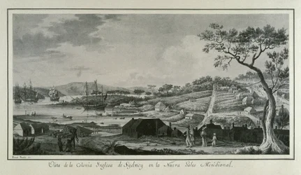 MALASPINA, Alejandro (1754-1809). Navigateur et explorateur italo-espagnol.; BRAMBILA, Fernando (1763-1834). Peintre. Australie (18e siècle). Colonie anglaise de Nouvelle-Galles du Sud. Dessin de Fernando Brambila illustrant l