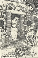 Deux enfants dans la maison de massepain dans le bois. Illustration de F. Scarpelli pour le conte Hansel et Gretel d