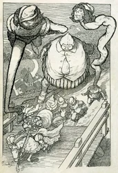 Fables: le prince entra en ville suivi de ses serviteurs. Illustration de Filiberto Scarpelli pour le conte "Les serviteurs et le prince" tire d
