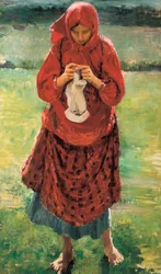 Jeune paysanne tricotant une chaussette